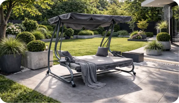 Szara huśtawka ogrodowa HIPPER. Monte Carlo z funkcją leżanki